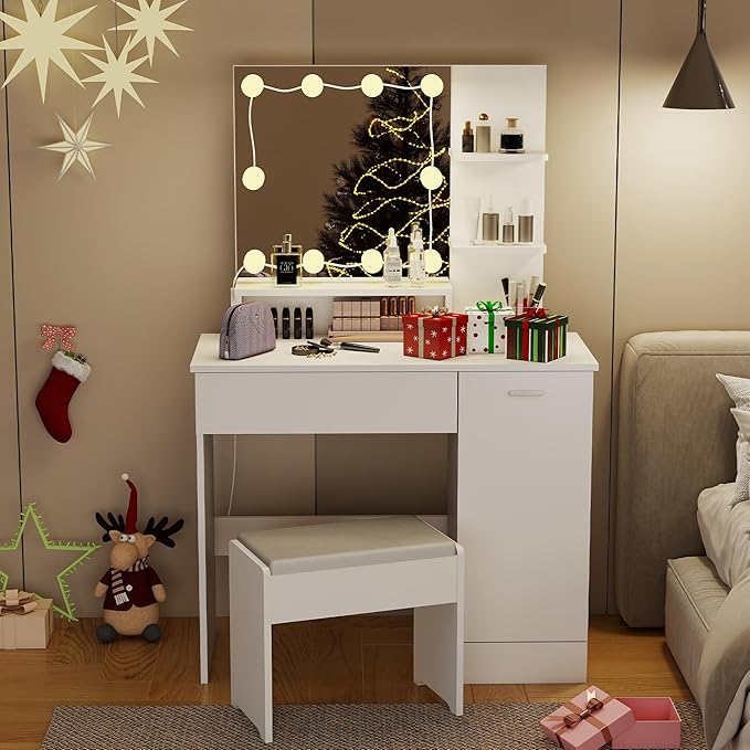 White Makeup Vanity Desk: 35" Makeup Vanity with Lights and Mirror, Wood Make Up Table with Drawers, Bedroom LED Make Up Desk and Stool Set (White)