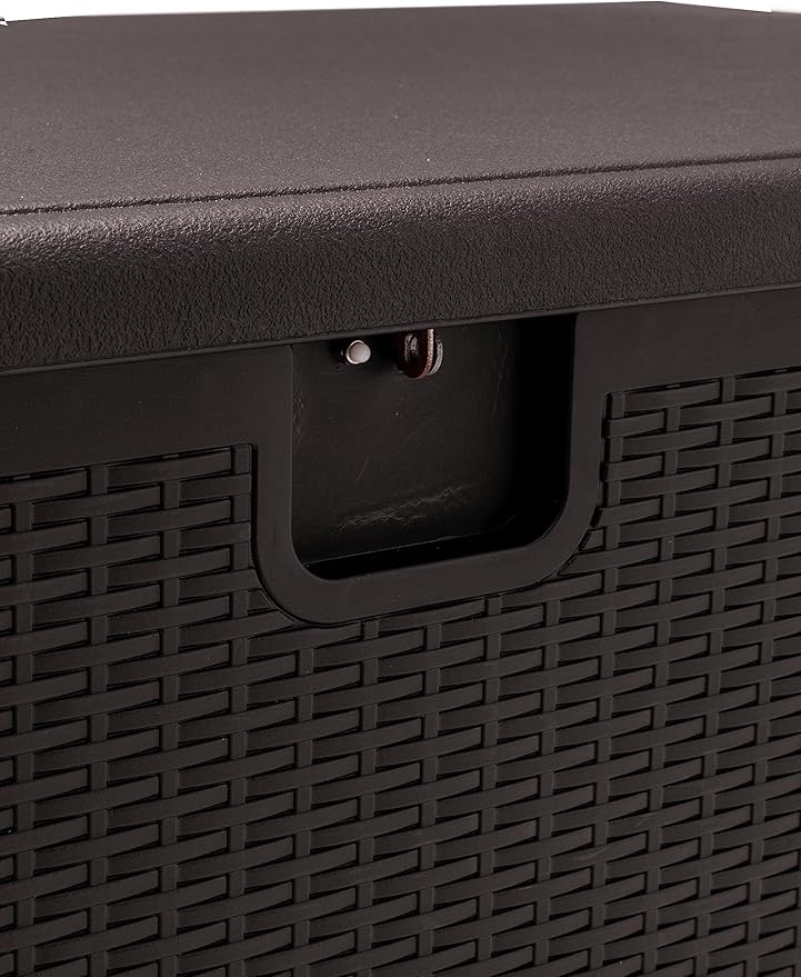 BTEXPERT 150 Gallon Large Resin Deck Box, Outdoor Storage Container for Patio Furniture Cushions Garden Tools Pool Toys Sports Equipment Waterproof Lockable Stainless Steel Metal insert rod