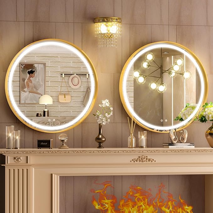 Hasipu 32 Round LED Mirror for Bathroom with Lights, Gold Circle Vanity Mirror for Wall, Metal Framed Frontlit Bathroom Mirrors Anti-Fog, Dimmable, 3 Colors Makeup Mirror Wall Mounted