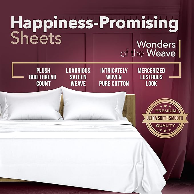 TEXAS LINEN CO. 800 TC Egyptian Cotton Sheets - 4 Piece White Color Full Size Cooling Sheet for Hot Sleepers, Soft, Breathable Bed Sheet Set, Luxury Hotel Sheets, Fits Mattress Upto 18'' DEEP Pocket