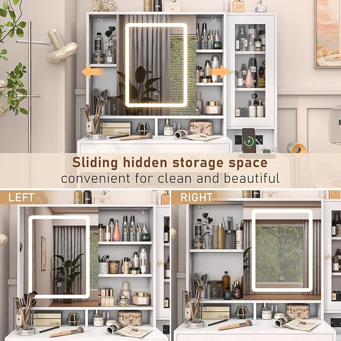 43 "White Makeup Vanity Desk w/Lights & Sliding Mirror,Adjustable LED Lighting, Vanity Table Set w/Stool,Power Outlet,Storage Drawers Shelves Cabinet,Vanity Set with Cushioned Stool for Girls Women