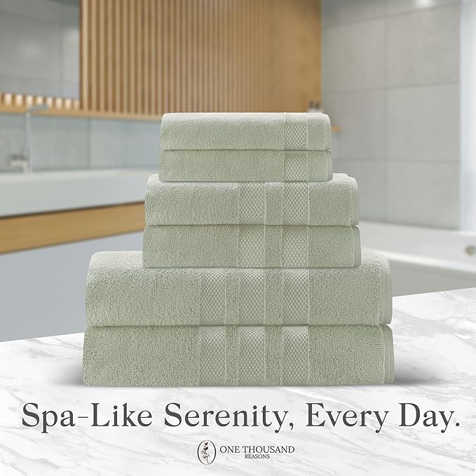 Zero Twist Bathroom Towel Set - Luxury Bath Towel Sets for Bathroom, Hands, and Washcloths - Quick Dry and Absorbent - 6 Pieces, 3 Stripe, Sage