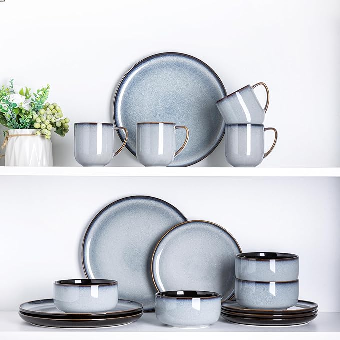 LERATIO Ceramic Dinnerware Sets for 4,16-PieceReactive Glaze Plates and Bowls Set with Mugs,Highly Chip and Crack Resistant | Dishwasher,Microwave & Oven Safe Dishes set-Gray White