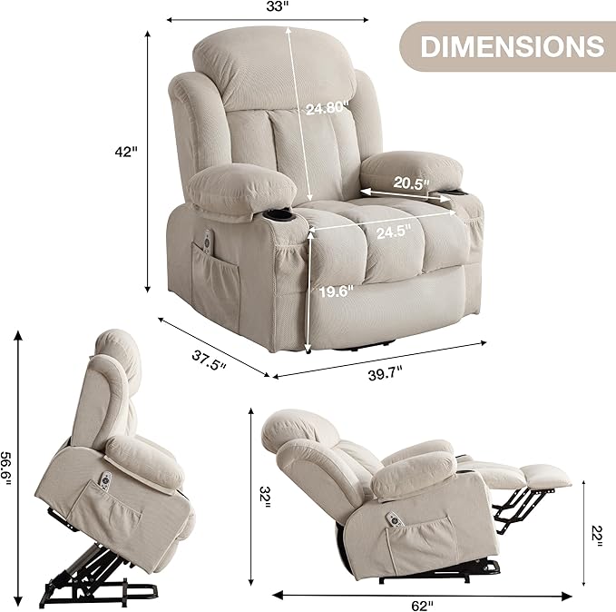 Power Lift Recliner Chair for Elderly with Vibration Massage and Lumbar Heating Electric Oversized Single Sofa with Cup Holder and USB Charge Port for Living Room