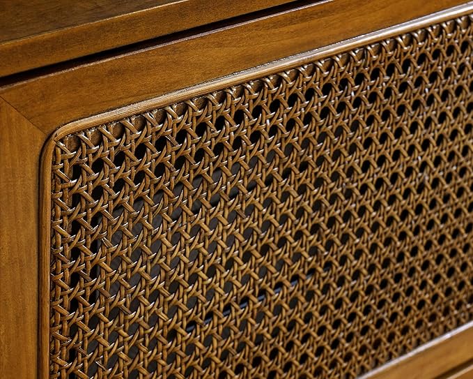 59 Inch Mid Century Modern TV Stand with Rattan Doors, Entertainment Center Media Console for 55/60/65 inch TV, Boho/MCM Television Stand for Living Room/Bedroom, Light Wood