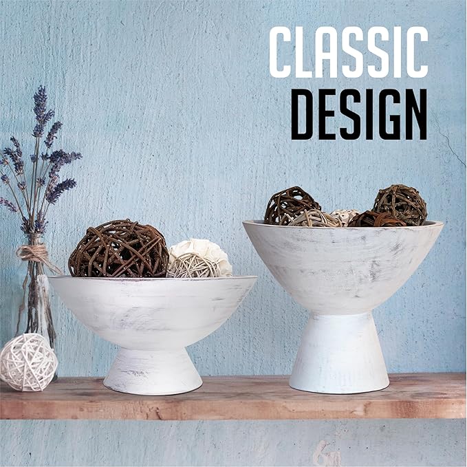 Whitewash Pedestal Bowl - 8 Inch, Wide Whitewash Footed Bowl as Fruit, Key, Decorative, Candy Holder or Centerpiece, Wooden Bowl Decorative for Kitchen, Dining Table & Home Accessories