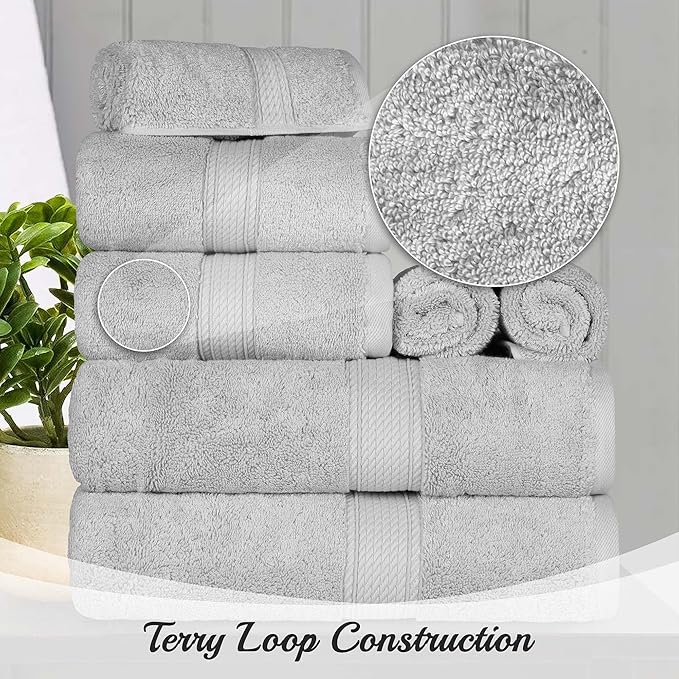 Superior Egyptian Cotton Pile Hand Towel Set of 4, Ultra Soft Luxury Towels, Thick Plush Essentials, Absorbent Heavyweight, Guest Bath, Hotel, Spa, Home Bathroom, Shower Basics, Silver
