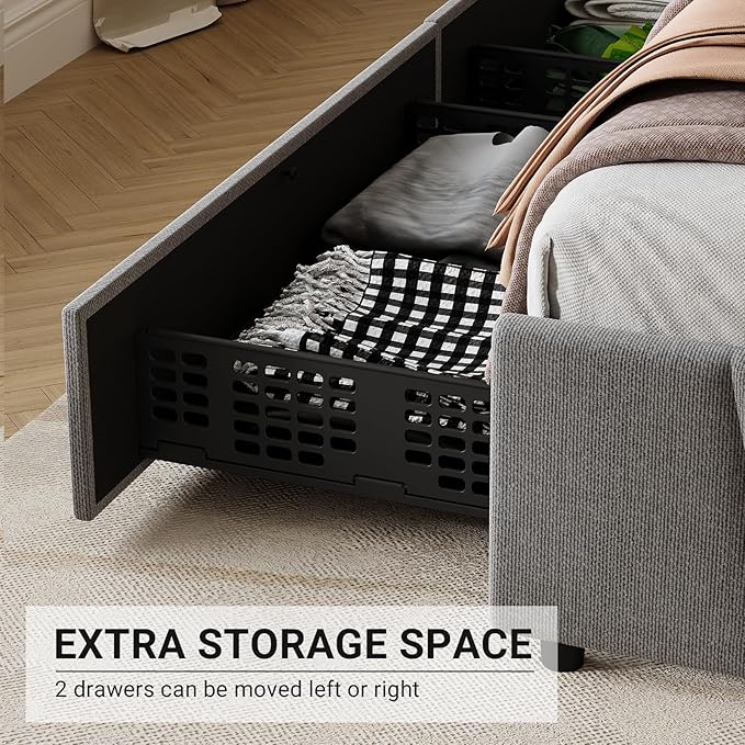 GarveeHome Twin Size Bed Frame with Adjustable Headboard and 4 Storage Drawers, Velvet Upholstered Tufted Twin Platform Bed Frames with Wooden Slats Support,Twin Bedframe No Box Spring Needed, Grey