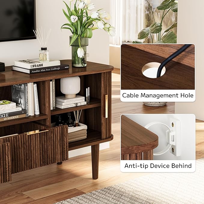 TV Stand 62.4 Inch Mid Century Modern Media Console Table with Drawer Shelves Sliding Tambour Door Farmhouse Sideboard Buffet Cabinet Fits TVs up to 75 inch Fluted Wood Entertainment Center