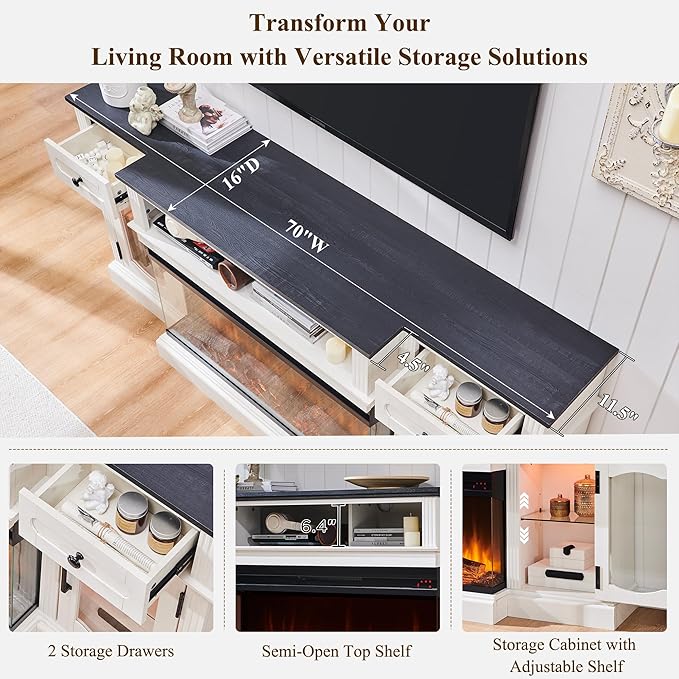 LINGMU Farmhouse Electric Fireplace TV Stand for TVs up to 80", Entertainment Center with 36" 3-Sided Glass Electric Fireplace & LED Lights, 70-inch TV Console, Antique White