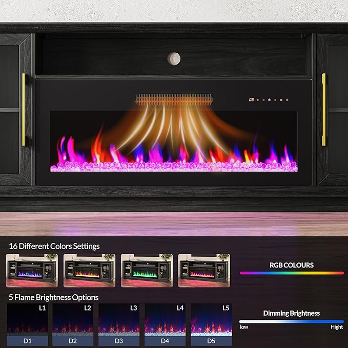 BELLEZE 74" Extra Large TV Stand for TVs Up to 85", Media Console Table with 42" Electric Fireplace Heater, Entertainment Center with Storage Cabinets for Living Room, Bedroom - Sienna (Black Ebony)