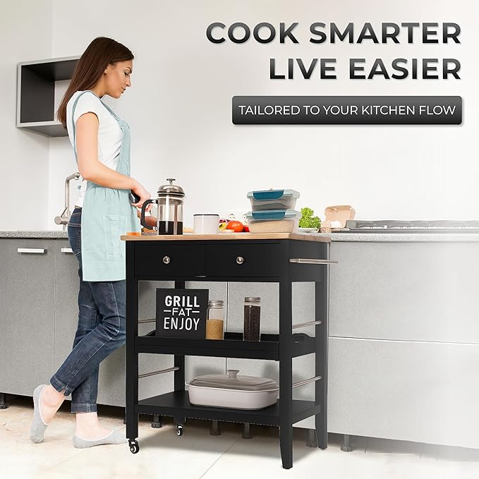 Rolling Kitchen Island Cart, Black Kitchen Cart with Rubberwood Top, Ample Storage Drawers, Adjustable Shelves, Utility Cart with Wheels for Small Kitchens, 35” Height