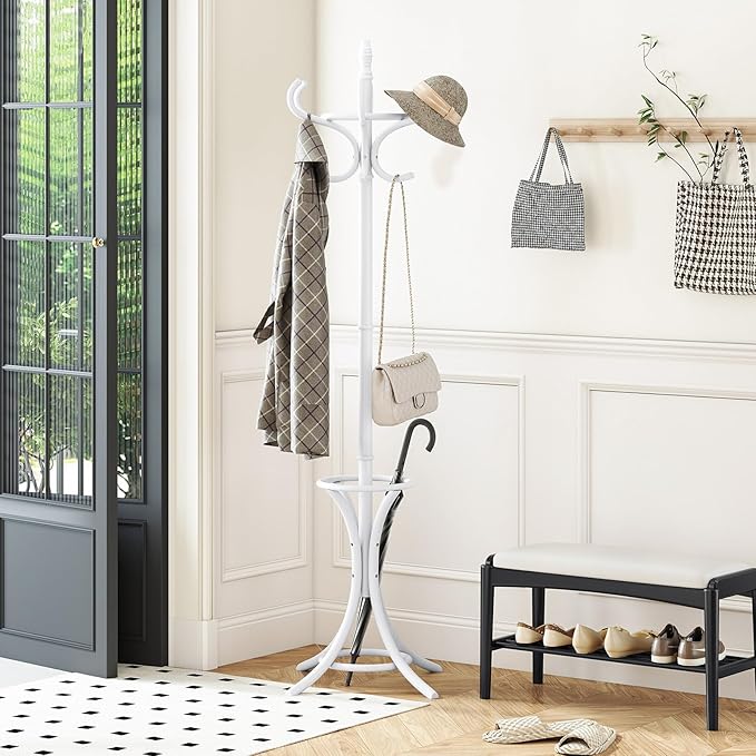 Tangkula Coat Rack with Umbrella Holder, 73 Inch Freestanding Coat Hanger Stand with 12 Hooks, Wooden Entryway Coat Tree for Clothes, Bags, Hats, Scarves, Living Room, Bedroom, Hallway (White)