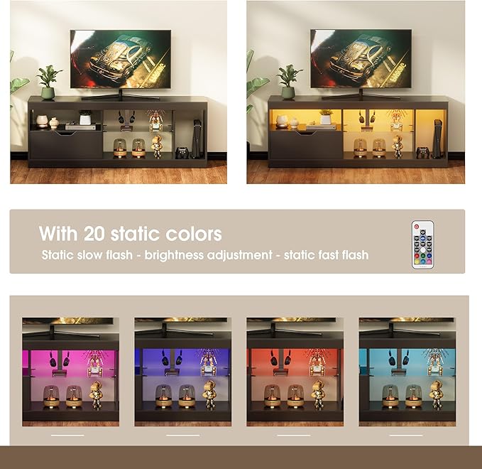 JUMMICO TV Stand, Entertainment Center LED Gaming TV Stand for 65+ Inch TV Carbon Fiber Top, Dynamic RGB Modes TV Cabinet Console with Adjustable Glass Shelves Storage Drawers (Black)