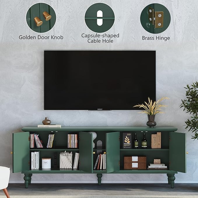 3More 67" Mid Century Modern TV Stand with Window Design,Wood Entertainment Center with Open Shelf,Up to 70" Media TV for Living Room or Bedroom,Green