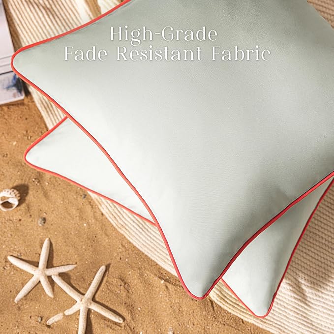 Phantoscope Pack of 2 Outdoor Waterproof Throw Pillow Covers with Contrast Piping, Decorative Square Cushion Case Patio Pillows for Couch Tent Sunbrella, Light Grey 18x18 inches