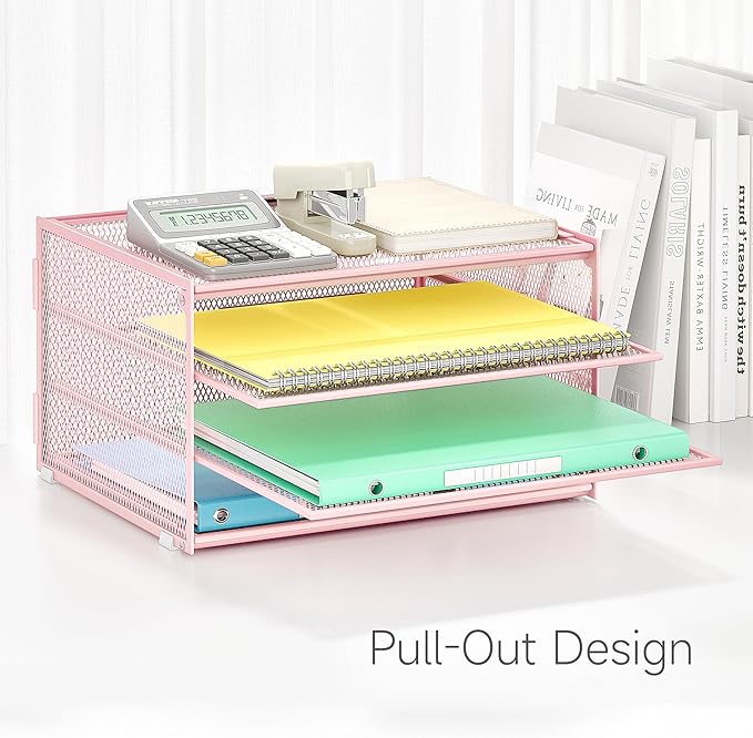 Lavatino 3-Tier Letter Tray Desk Paper Organizer – Pink Mesh Metal File Tray Organizer for Desk, Office Supplies & Home Organization | Fits A4/Letter Paper, Mail, Magazines and Office Accessories