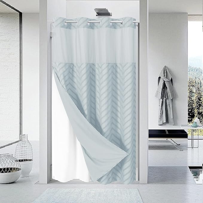 Stall No Hook Boho Farmhouse Shower Curtain with Snap-in Fabric Liner set-54Wx80H(78H),Tufted Chevron Striped Hotel Grade Cloth Shower Curtains for Bathroom,Water Repellent,Fog Blue