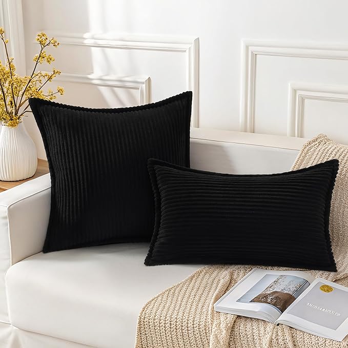 Mecatny Corduroy Throw Pillow Covers 24x24 Set of 2, Neutral Decorative Soft Boho Couch Pillow Covers with Broadside for Sofa Living Room, Black