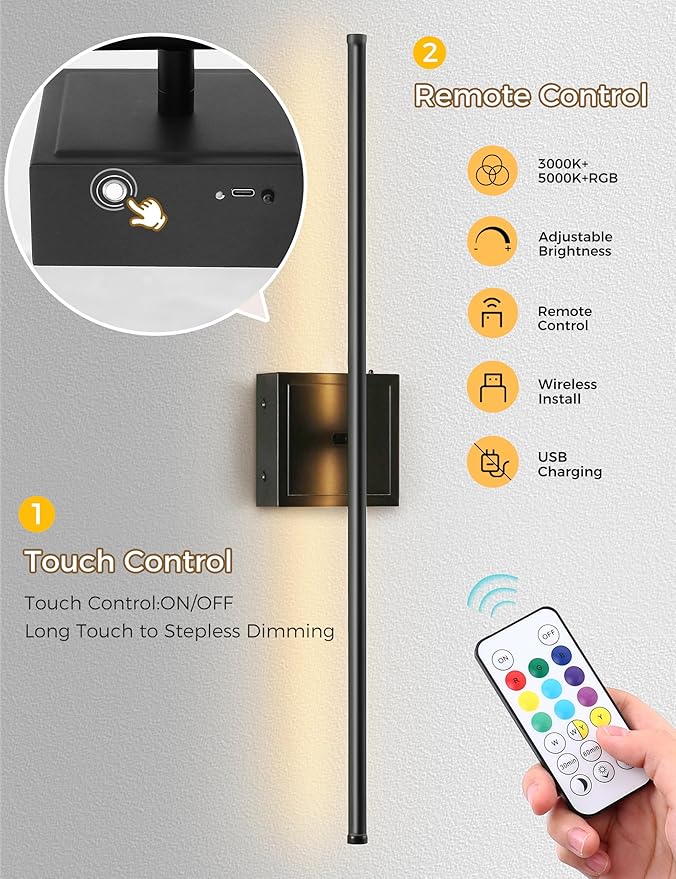 Battery Operated Wall Sconces set of 2, 10 Color 6000mAh Rechargeable Wall Sconce not Hardwired, 350°Rotate, Dimmable Wireless Wall Sconce, Sconce Wall Decor for Living Room, Hallway, Bedroom, Black
