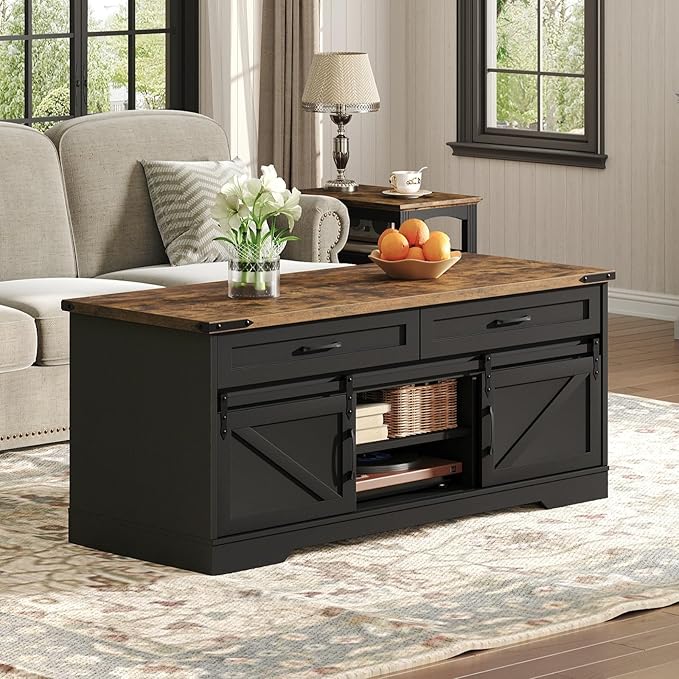47" Farmhouse Coffee Table with Storage and 2 Drawers, Large Rustic Center Table with Sliding Barn Doors & Open Compartments, Wooden Coffee Table for Living Room, Black and Rustic Brown