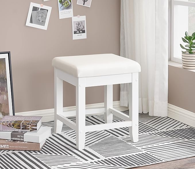 BEWISHOME Vanity Stool, Bedroom Vanity Chair with Upholstered Seat, Desk Stool, Soft Cushioned Piano Stool, Square 18” Height Makeup Bench, Piano Bench Vanity Bench Capacity 300lb White FSD06W