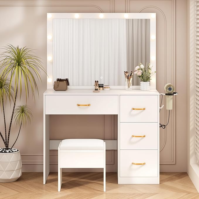YITAHOME Makeup Vanity Set, Vanity Desk with LED Mirror & Power Hub, Makeup Desk for Dressing Room