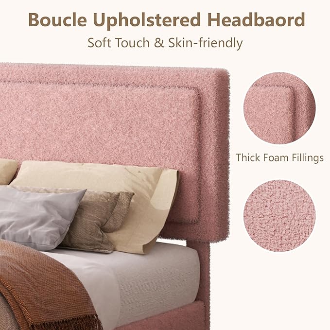 Full Size Boucle Bed Frame, Upholstered Platform Cloud Bed Frame with Headboard, Soft Teddy Fabric, Modern Style, No Box Spring Required, Easy Assembly, Pink