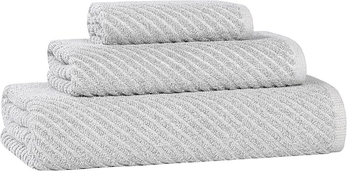 Superior Amelia Viscose Cotton Blend Medium Weight Towels, for Bathroom, Shower, Spa, Plush, Quick Dry, Ultra-Soft Towels, Bath Essentials, Ribbed Design, 3 Piece Assorted Towel Set, Platinum