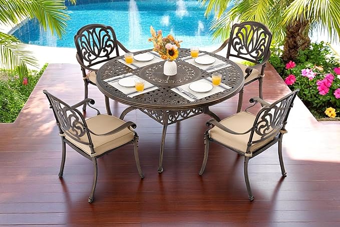 5 Piece Outdoor Dining Set Cast Aluminum, Retro Patio Dining Furniture Set for 4 Includes 54’’ Round Table 4 Chairs with Thicker Cushion and Umbrella Hole for Patio Deck Garden