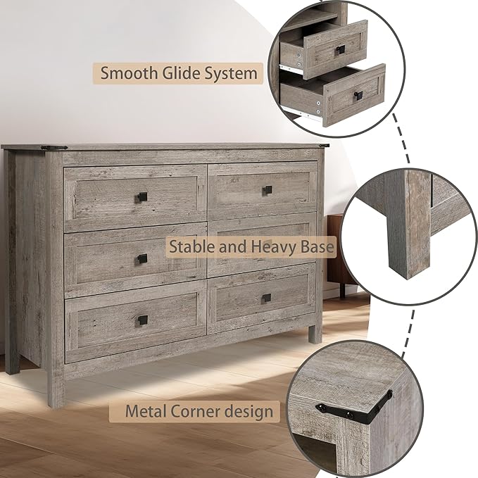 Farmhouse 6 Drawers Dresser, Wood Double Dresser Chest of Drawers Wide Storage Organizer Cabinet for Bedroom, Living Room, Rustic Grey