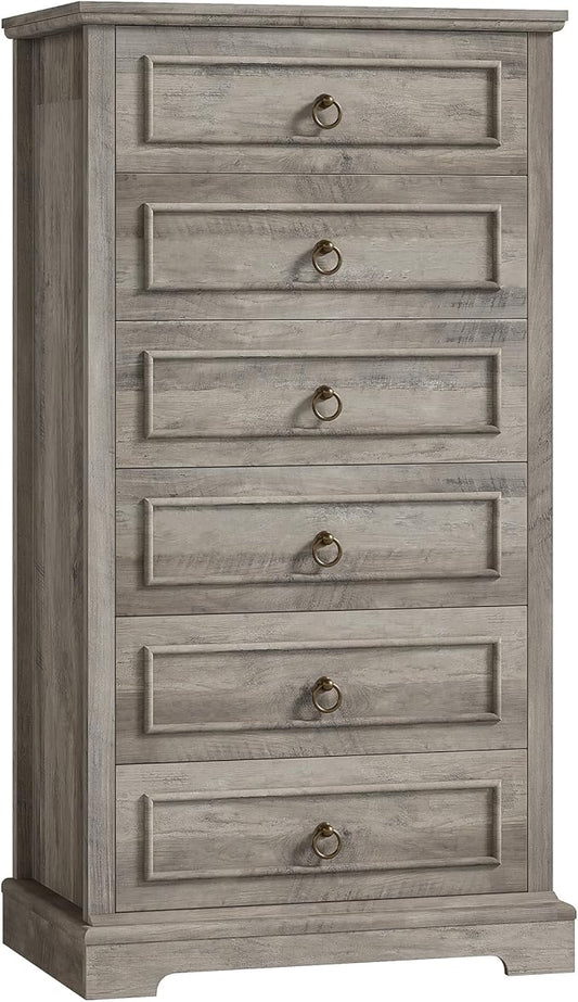 HOSTACK 6 Drawer Dresser for Bedroom, 52" Tall Dresser, Modern Farmhouse Vertical Chest of Drawers for Bedroom, Wooden Closet Chest, Wood Storage Cabinet for Living Room, Hallway, Entryway, Ash Grey