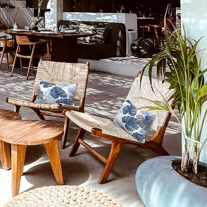 LVTXIII Set of 2 Patio Lumbar Pillows, 12”x20” Fade Resistant Outdoor Lumbar Pillow with Inners, Fluffy Decorative Garden Lumbar Cushions for Home Patio Coach Sofa Use, Monstera Blue