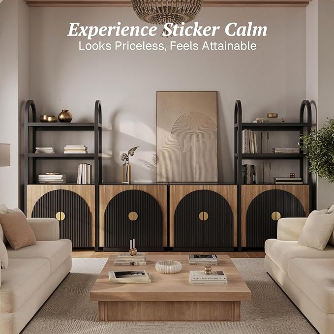 BELLEZE 3-Piece Arched TV Stand Entertainment Center with Storage, Mid Century Modern 2-Piece 72″ Tall Storage Cabinets and 65″ Fluted TV Console for Living Room (Camel)