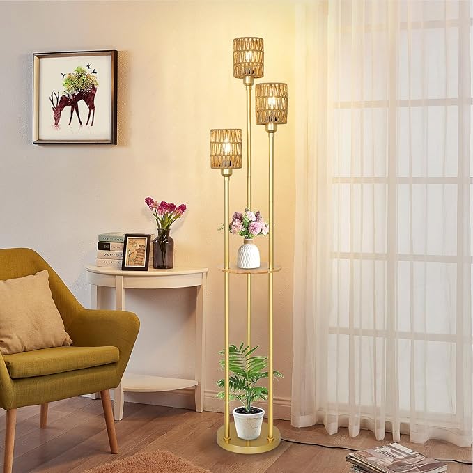 Boho Floor Lamp with Shelves, 3-Lights Farmhouse Tall Floor Lamp with ON/Off Foot Switch, Gold Modern Floor Lamps with Rattan Shades, Rustic Standing Lamp for Living Room, Bedroom, Office