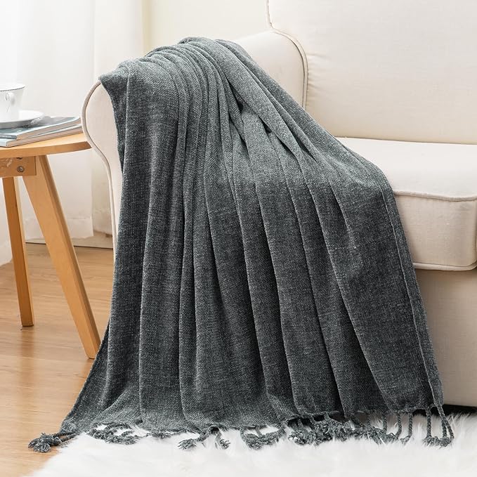 BATTILO HOME Dark Gray Throw Blanket for Couch Bed Sofa, Soft Cozy Grey Chenille Throw Blanket with Fringe Tassels, Lightweight Knit Throw Blanket for Home Decor, 50"x60"