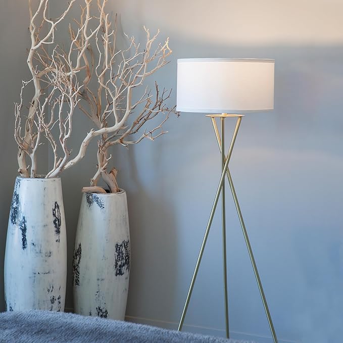 Brightech Jaxon LED Floor lamp, Modern Lamp for Living Rooms & Offices, Tall Lamp with Contemporary Drum Shade, Gold Tripod Standing Lamp for Bedroom Reading, Great Living Room Decor - Brass