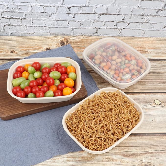 35oz Disposable salad bowls with lids, Sugarcane Fiber Paper Bowls take away food containers meal prep deli container 50 Pack