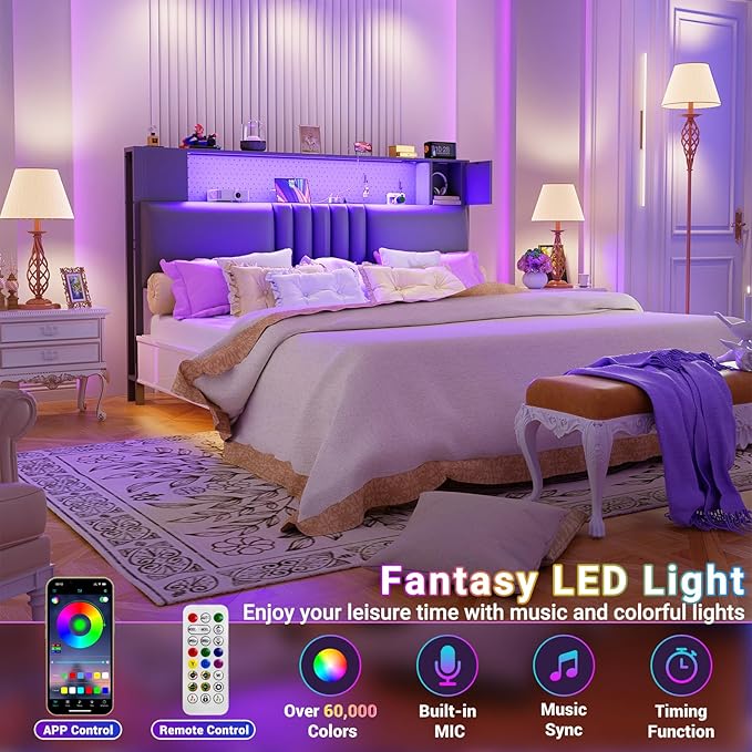 Unikito Headboard for Full Size Bed with Storage and Cabinet, Black Upholstered Headboards with Outlets, USB Ports, and DIY Color of LED Light, Full Head Board Only, Comfortable Headboard, Black