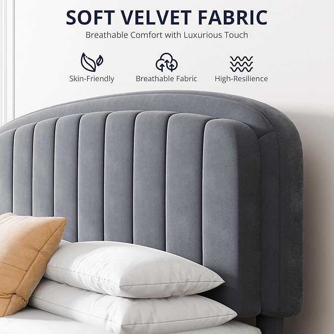 Cozy Castle Queen Bed Frame, Upholstered Platform Bed with Velvet Adjustable Curved Headboard, Mattress Foundation with Strong Wooden Slats, No Box Spring Needed, Easy Assembly, Gray