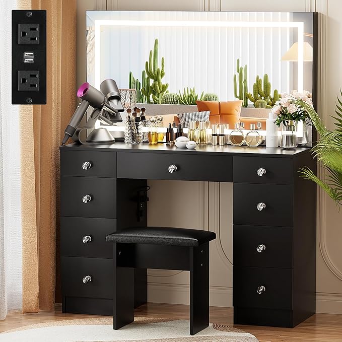 VOWNER Vanity with Lighted Mirror - Makeup Vanity Desk with Power Outlet and 9 Drawers, 3 Color Lighting Modes Adjustable Brightness, 43" Vanity Table with Soft Cushioned Stool for Bedroom, Black