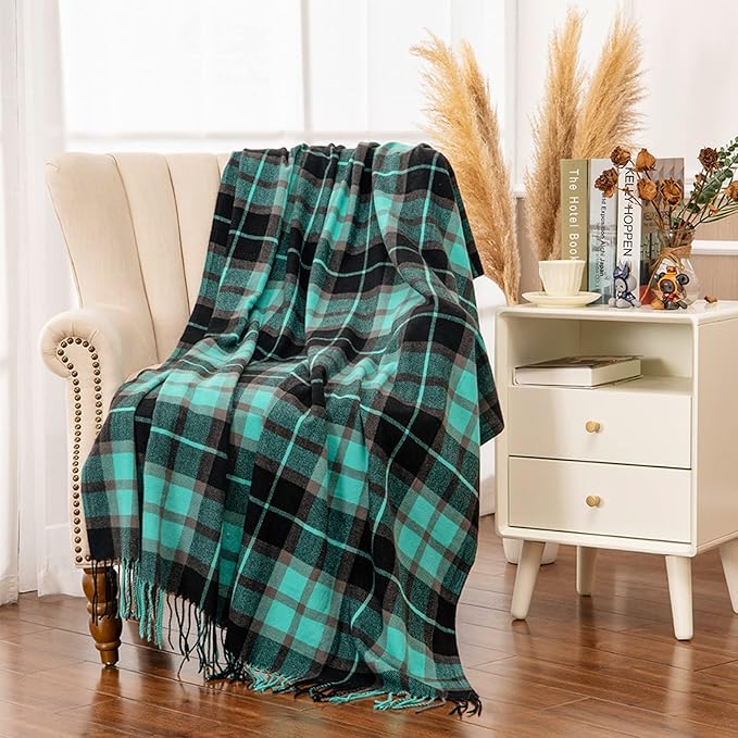 Gealaek Decorative Faux Cashmere Throw Blanket with Fringe Green and Black Plaid Lightweight Fuzzy Soft Cozy Throws for Sofa Bed Farmhouse Throw Blanket 50" x 60"
