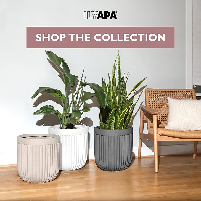 Ilyapa 14 Inch Large Fluted Modern Concrete Planter - 14x14 Inch Indoor Plant Pots with Drainage - Large White Planters for Indoor/Outdoor Use