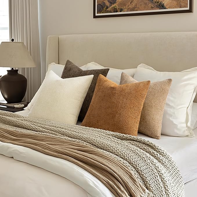 MIULEE Pack of 4 Brown Couch Throw Pillow Covers 20x20 Inch Soft Fall Decorative Chenille Pillows Farmhouse Accent Cushions for Boho Home Decor Spring Sofa Bedroom Living Room