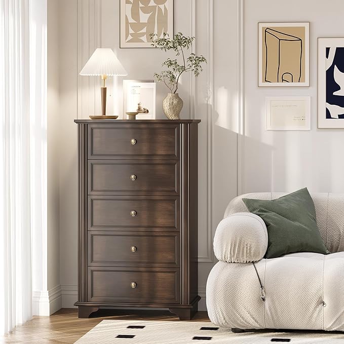 VINGLI 47" Tall Dresser 5 Drawer Chest of Drawers, Wood Dresser for Bedroom, Brown Chest Dressers Wooden