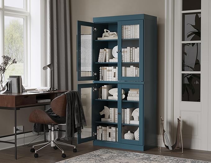Palace Imports Solid Wood Bookcase - 6-Tier Tall Bookshelf, 71.5” H x 32” W - Teal Blue, Clear Glass Doors & Adjustable Shelves, 100% Renewable Eco-Friendly Wood, Made in Brazil