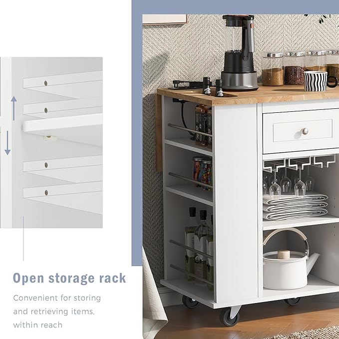 Rolling Mobile Kitchen Island Cart Cabinet with Door, 2 Drawers, Open Storage Shelves and Wine Rack for Dining Room