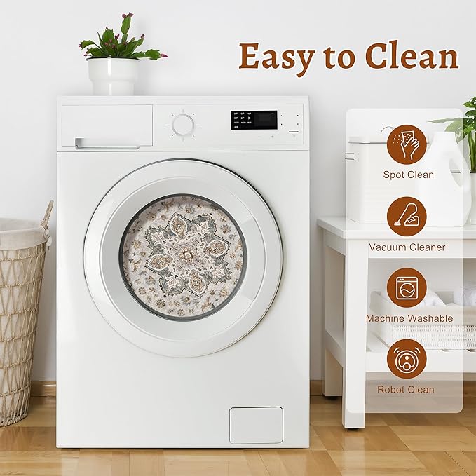 Tangsoo Vintage Round Rug 6ft,Washable Circle Rug, Non Slip Boho Round Area Rug,Low Pile Circular Rugs,Large Round Rugs Carpet for Livingroom,Bedroom,Nursery,Dorm,Office,Taupe