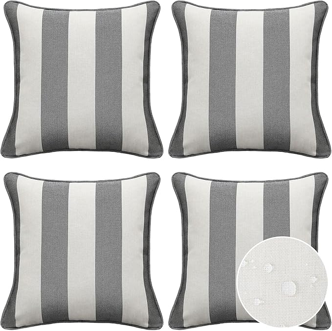 Decorative Outdoor Water Repellent Throw Pillows with Inserts, Set of 4, 18" x18" Pillows for Patio, Backyard, Bed, Couch, and Patio Furniture, Gray Stripe