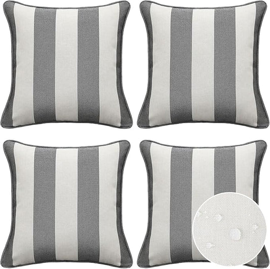 Decorative Outdoor Water Repellent Throw Pillows with Inserts, Set of 4, 18" x18" Pillows for Patio, Backyard, Bed, Couch, and Patio Furniture, Gray Stripe
